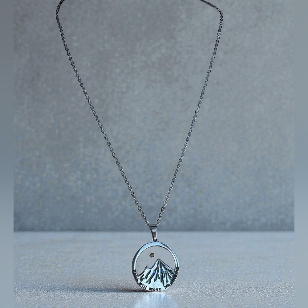 Silver Stainless Steel Abalone Mustard Seed Mountain Pendant Necklace
